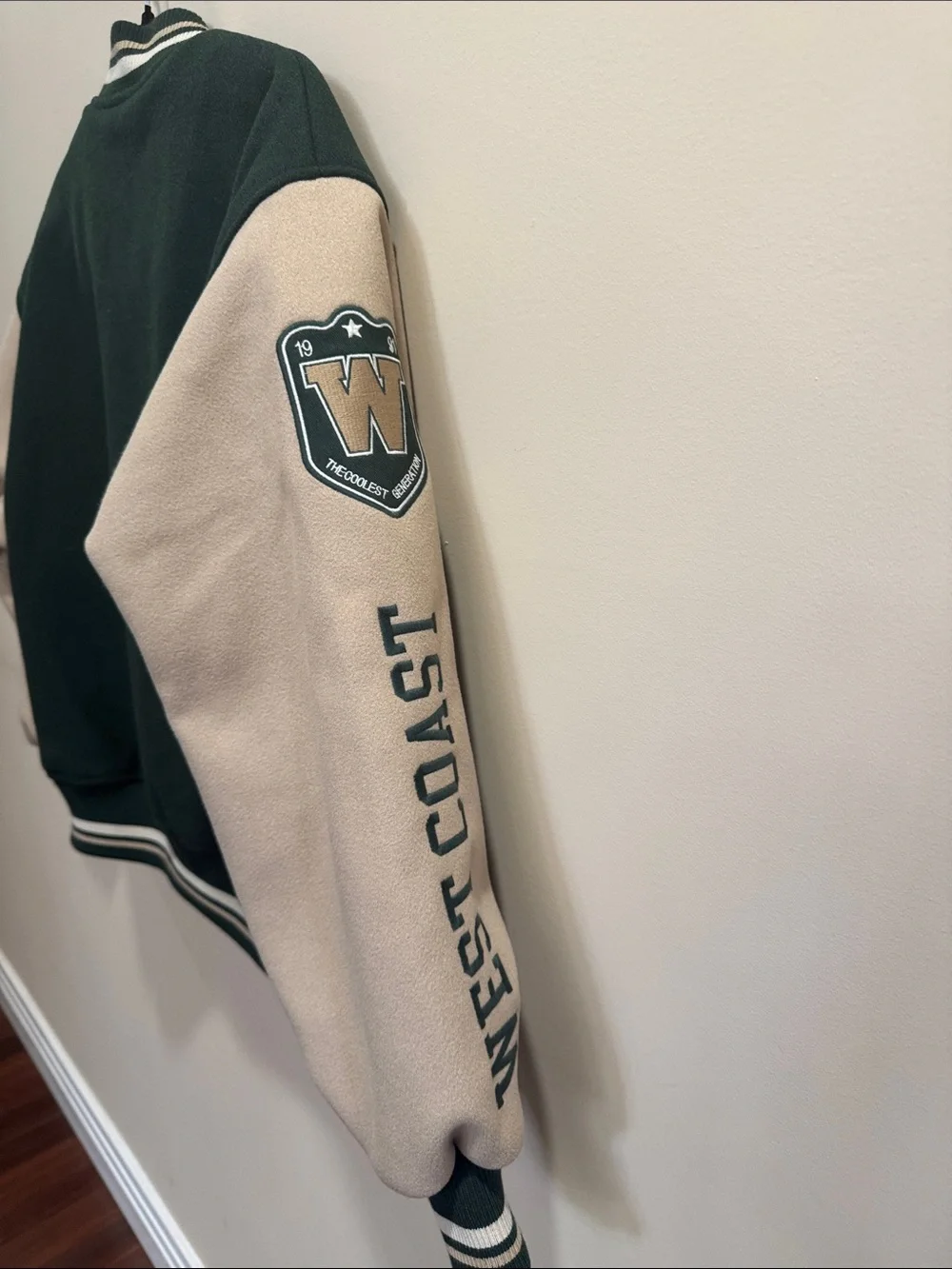 Pull&Bear Dark Green and Cream Kids Letterman Jacket with Gold 'C' Patch